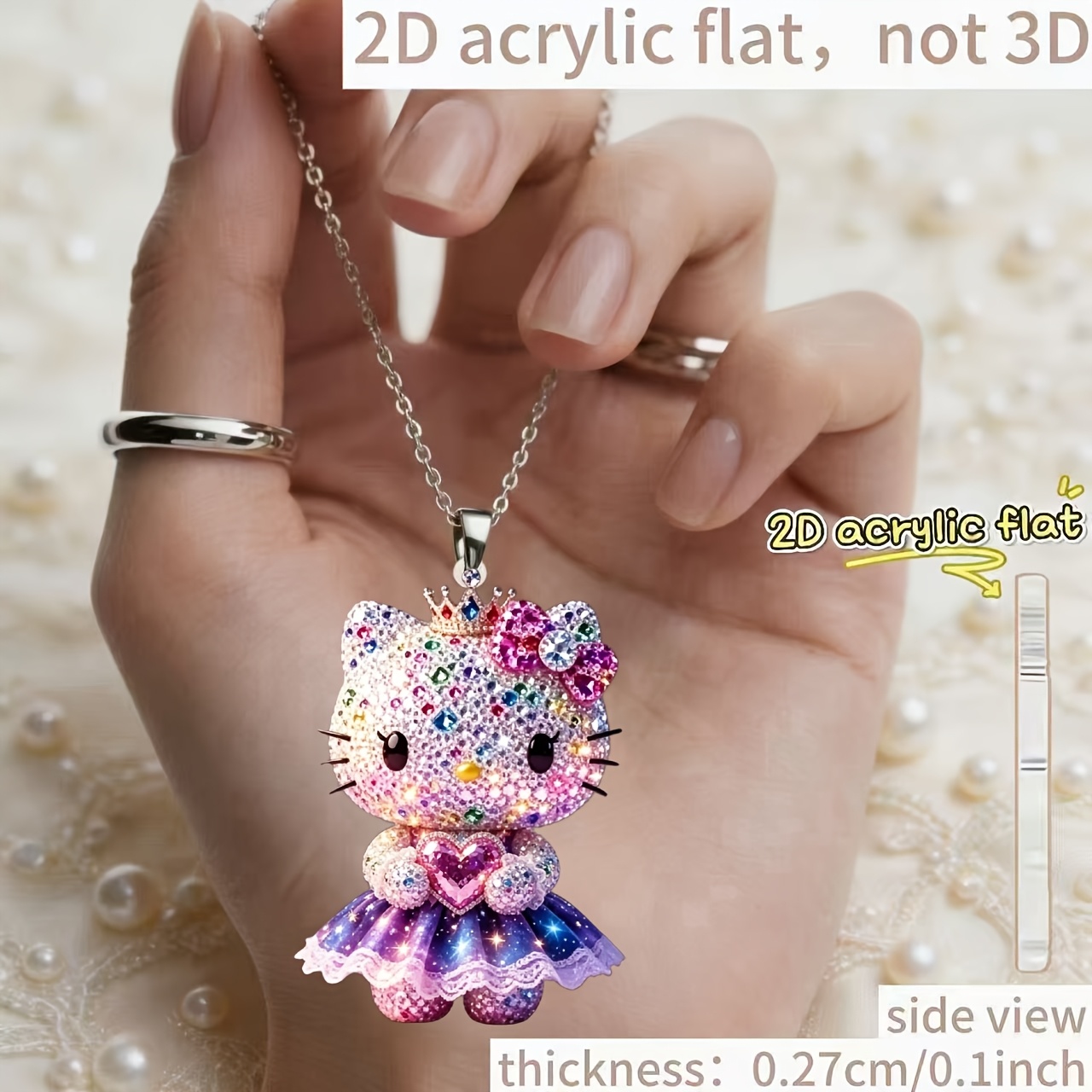 Women's 2D Acrylic Kitty Holding a Heart Pendant Necklace, Gift for Her